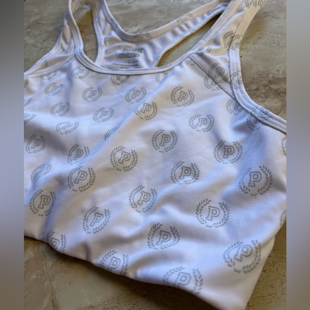 White PINK Sports Bra with grey logo accents. Size L